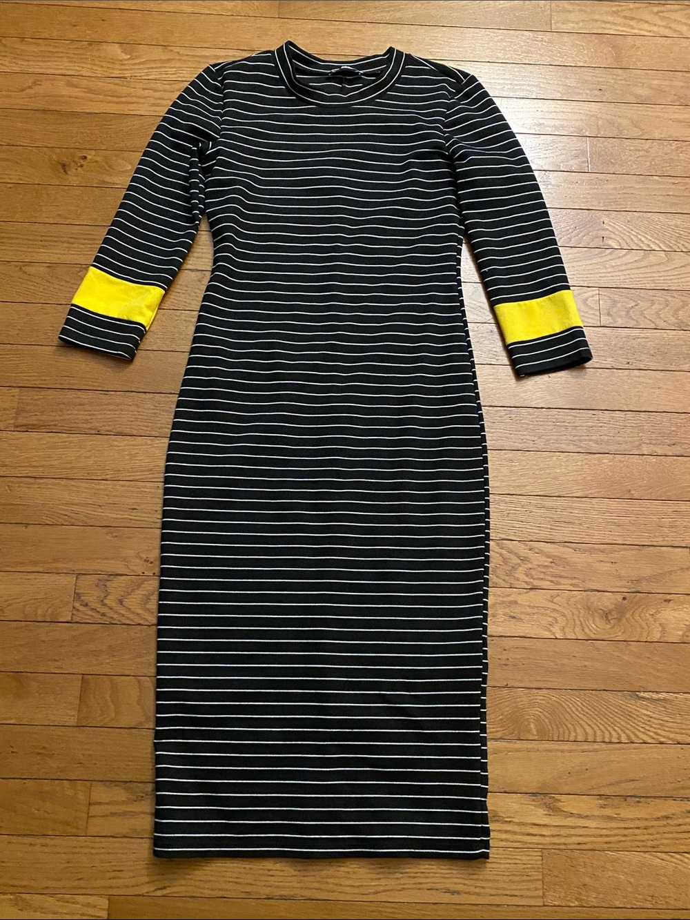 Zara Black & White Striped Midi Dress with Yellow Cuff Detail